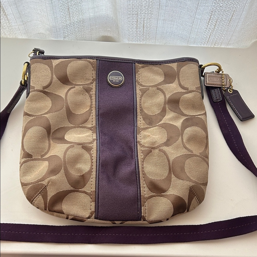 Coach Signature Stripe Satchel with Patent Leather Trim Handbag in Purple F25771